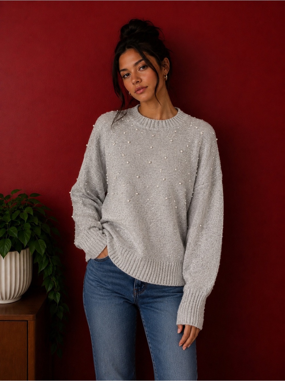 Primark Cares Grey Pearl Embellished Puff Sleeve Sweater - Size S (6/8)